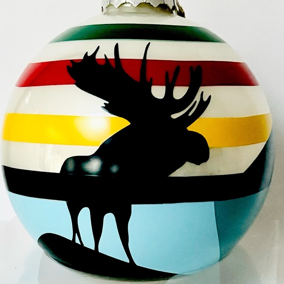 Hudson’s Bay Stripes Christmas Moose Ornament Charles Pachter Baywatch Tree Ball - Picture 1 of 4